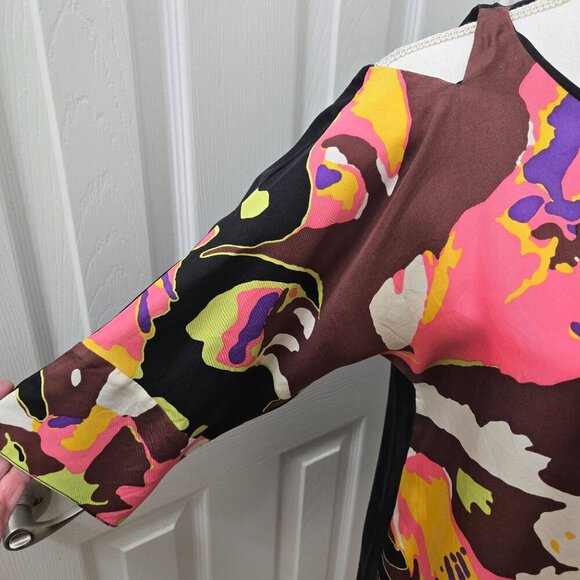 Tibi Silk Mini Dress Tunic Womens size 4 Black Pink Cold Shoulder Mod Shift - Picture 4 of 9
